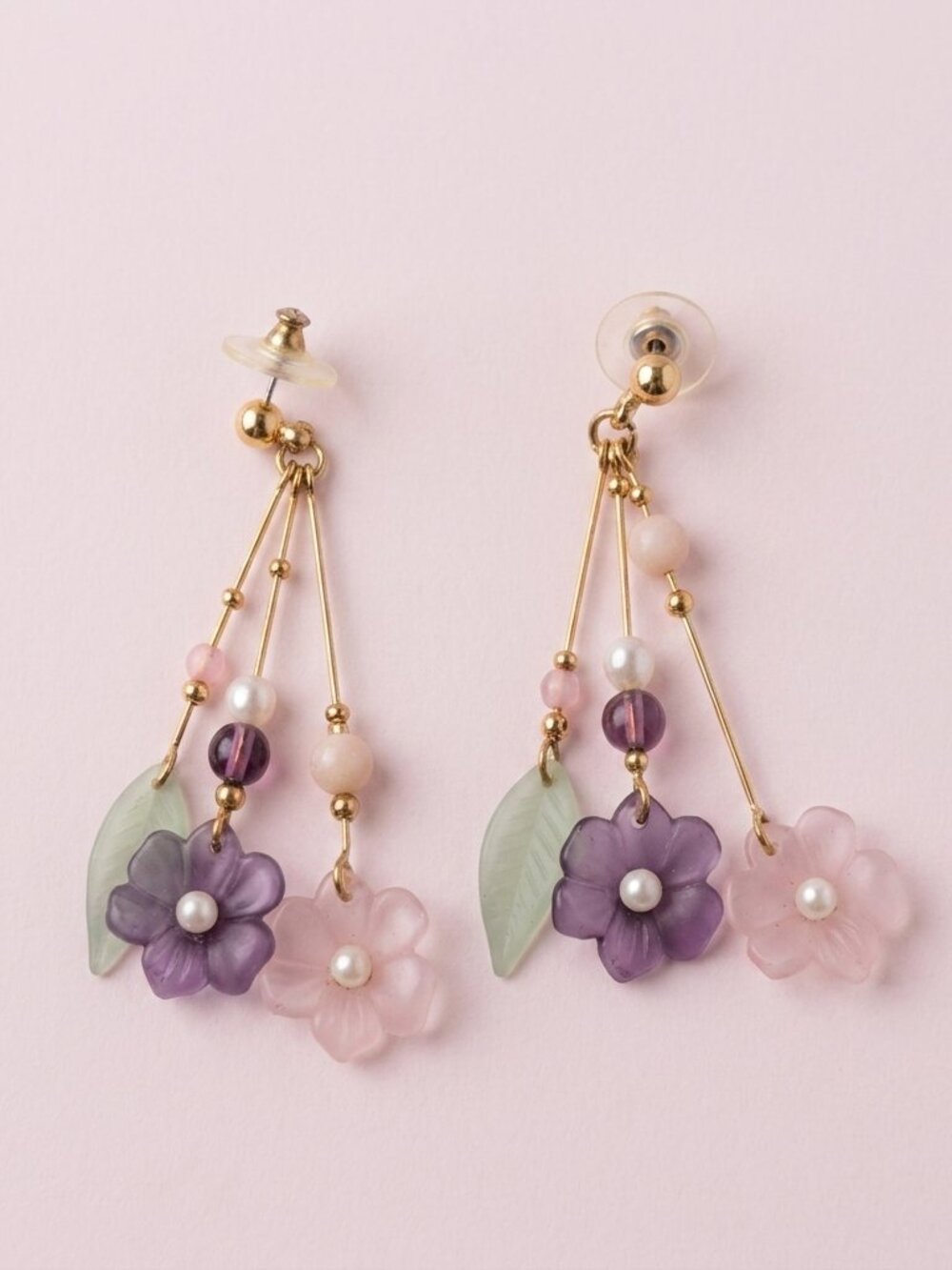 Vintage Gold-Tone Floral Drop Earrings in Purple, Pink & Mint
